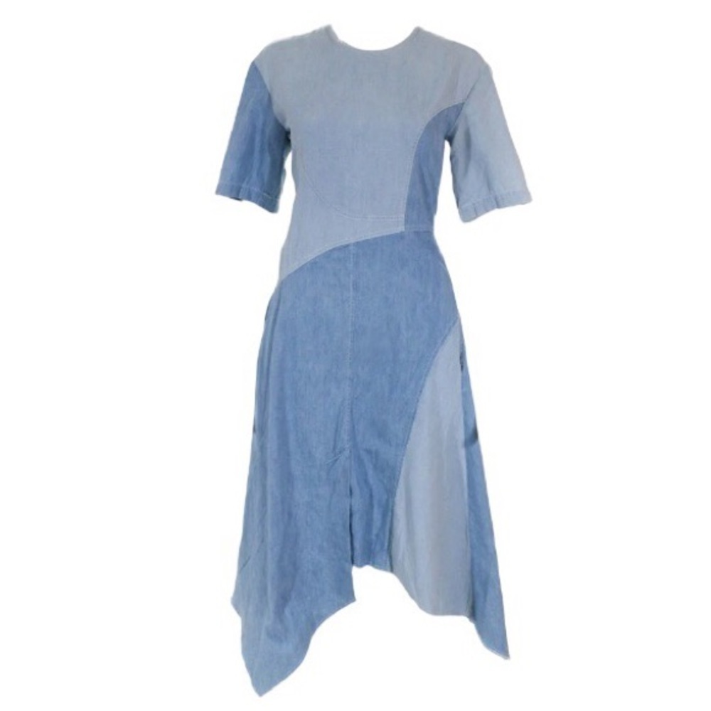 Colovos Chambray Seamed Midi Dress Size Small Light Blue Asymmetrical Hem